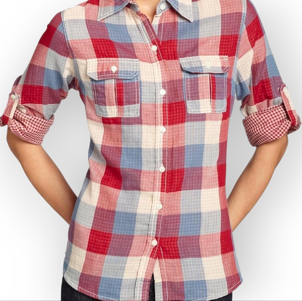 Lucky Brand Cotton Checkered Button Up Top